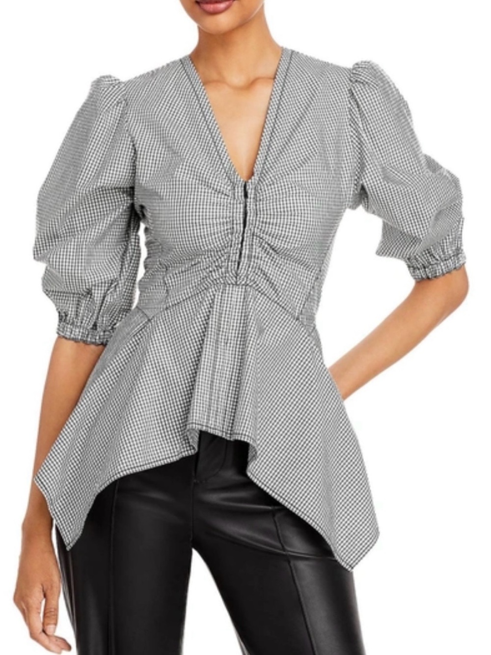 Proenza Schouler White Label Top Puff Sleeve  Handkerchief Hem Gingham Black